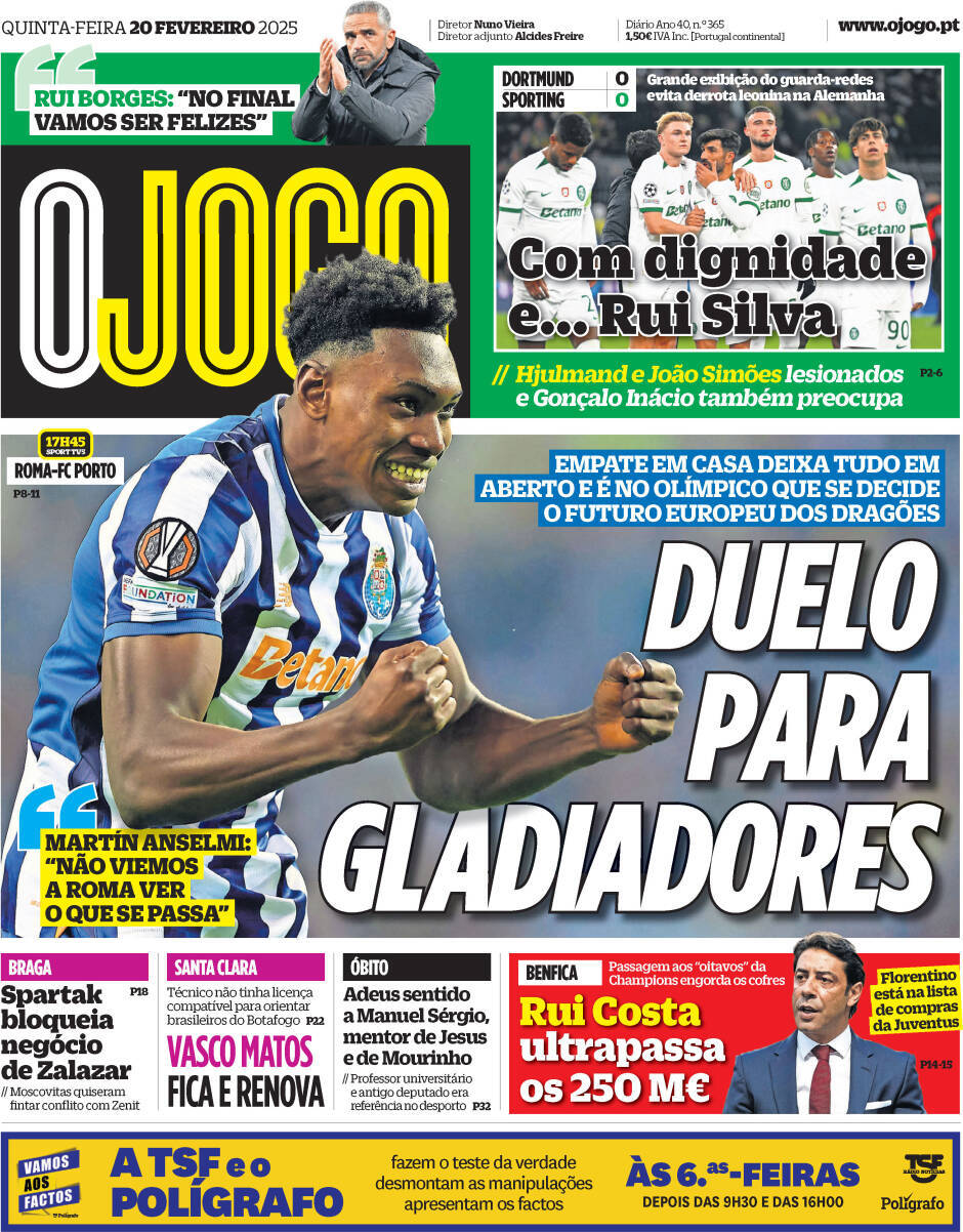 O Jogo: Capa da Edi&ccedil;&atilde;o de quinta-feira, 20 de fevereiro 2025