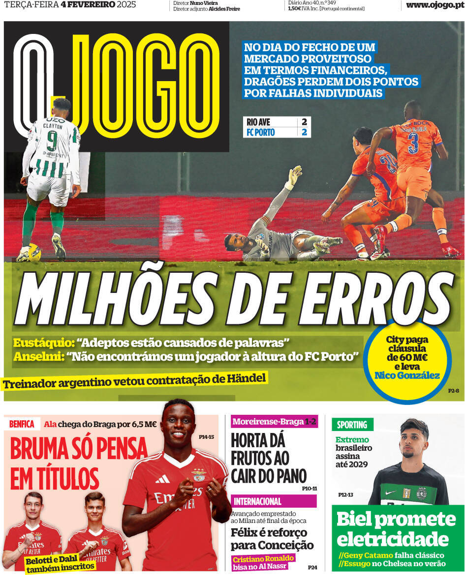 O Jogo: Capa da Edi&ccedil;&atilde;o de ter&ccedil;a-feira, 04 de fevereiro 2025