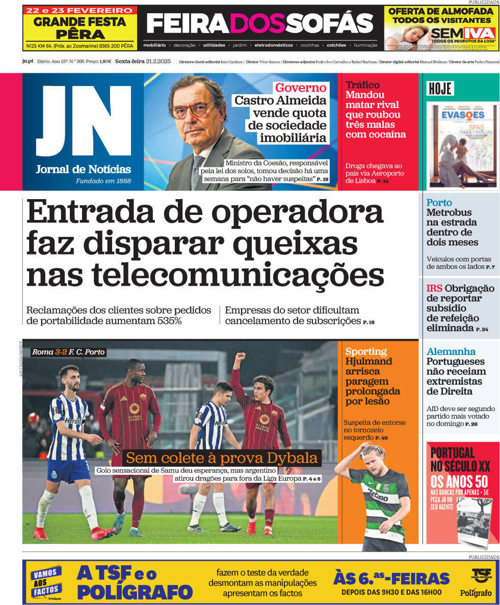 Jornal de Not&iacute;cias: Capa da Edi&ccedil;&atilde;o de sexta-feira, 21 de fevereiro 2025