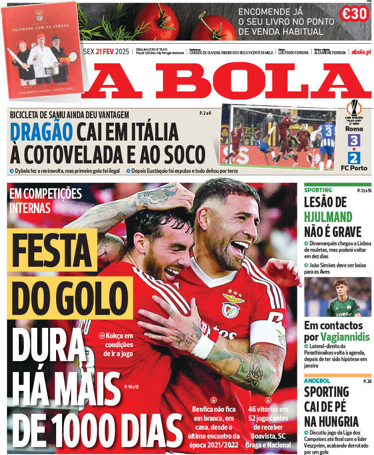A Bola: Capa da Edi&ccedil;&atilde;o de sexta-feira, 21 de fevereiro 2025