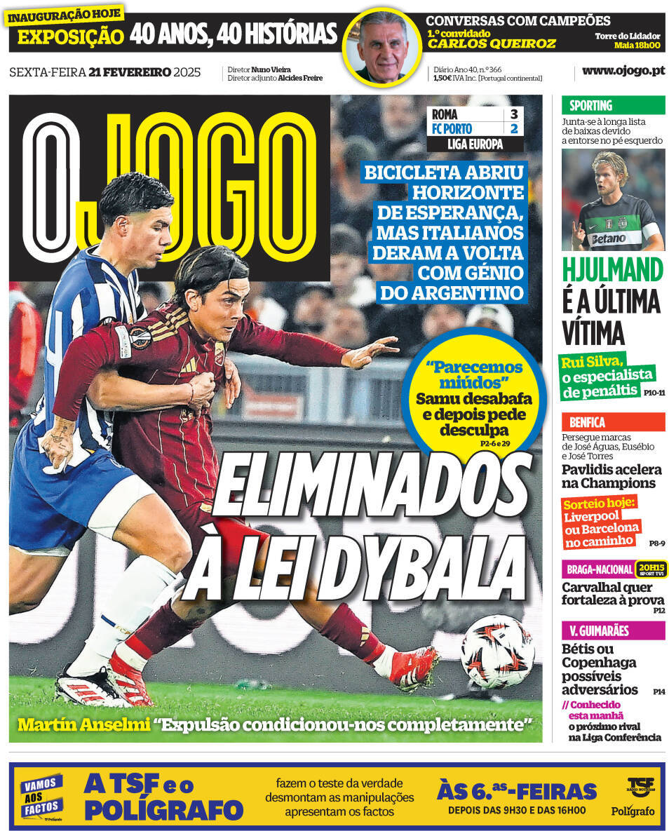 O Jogo: Capa da Edi&ccedil;&atilde;o de sexta-feira, 21 de fevereiro 2025