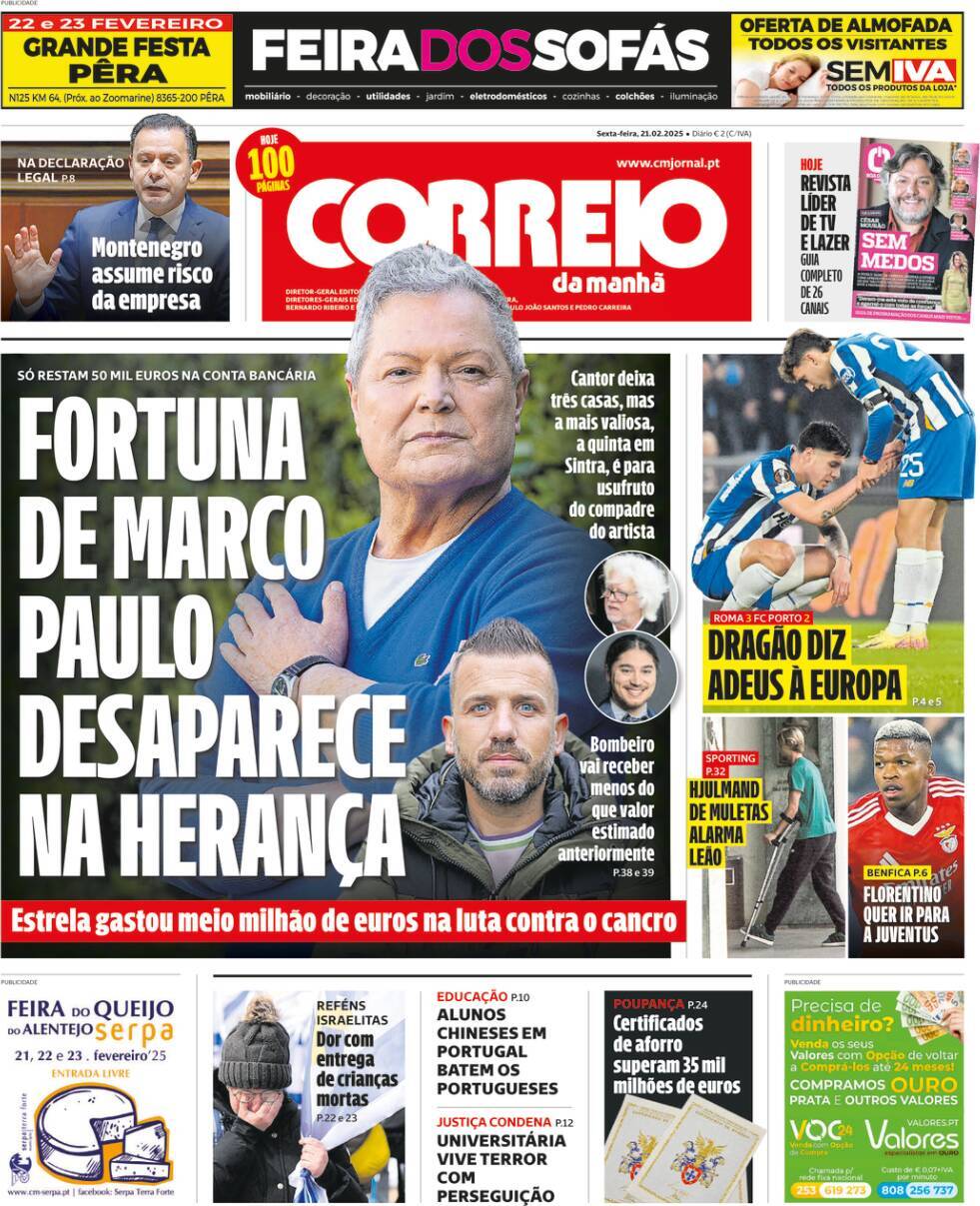 Correio da Manh&atilde;: Capa da Edi&ccedil;&atilde;o de sexta-feira, 21 de fevereiro 2025