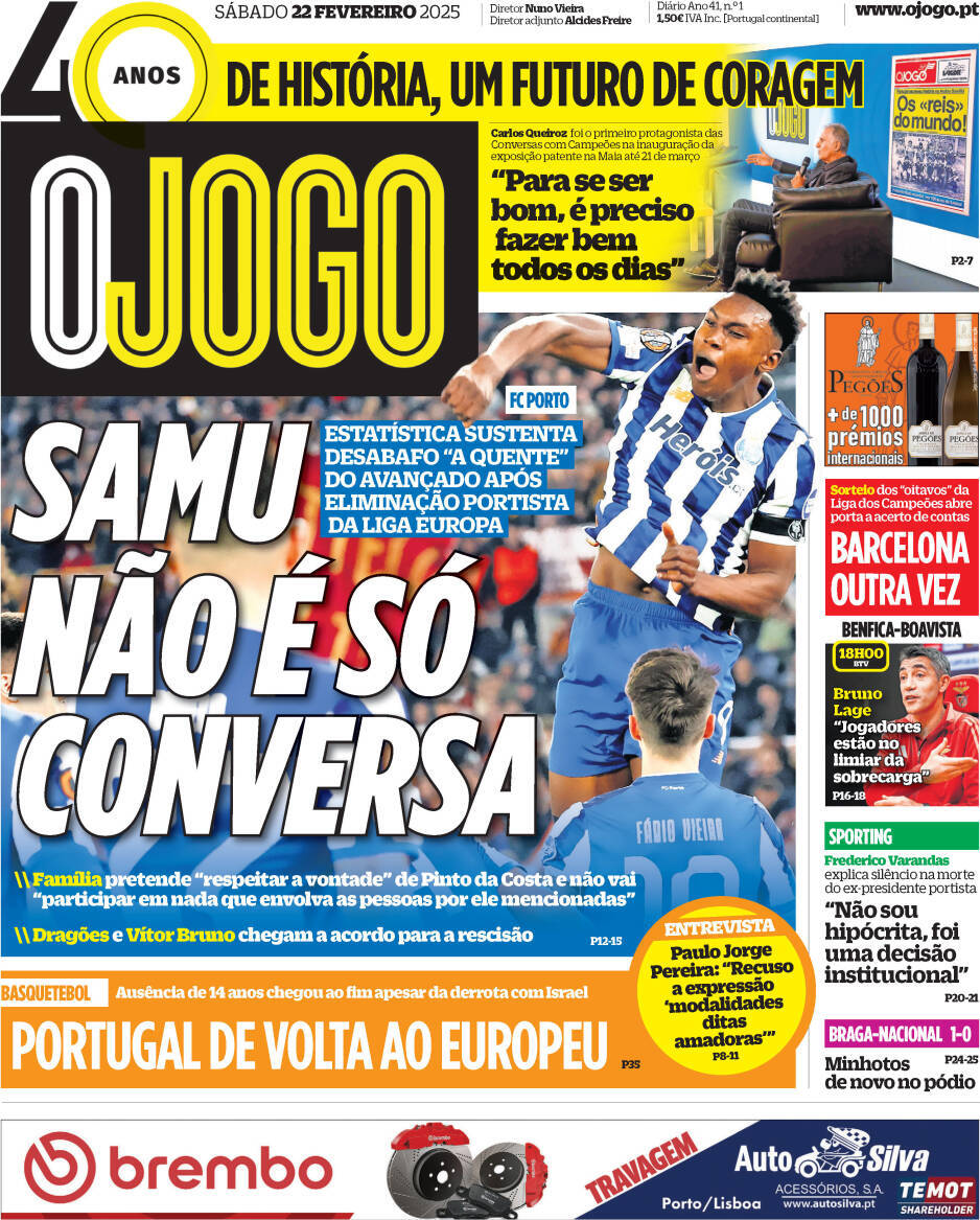 O Jogo: Capa da Edi&ccedil;&atilde;o de s&aacute;bado, 22 de fevereiro 2025