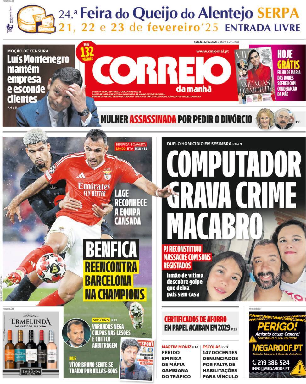 Correio da Manh&atilde;: Capa da Edi&ccedil;&atilde;o de s&aacute;bado, 22 de fevereiro 2025