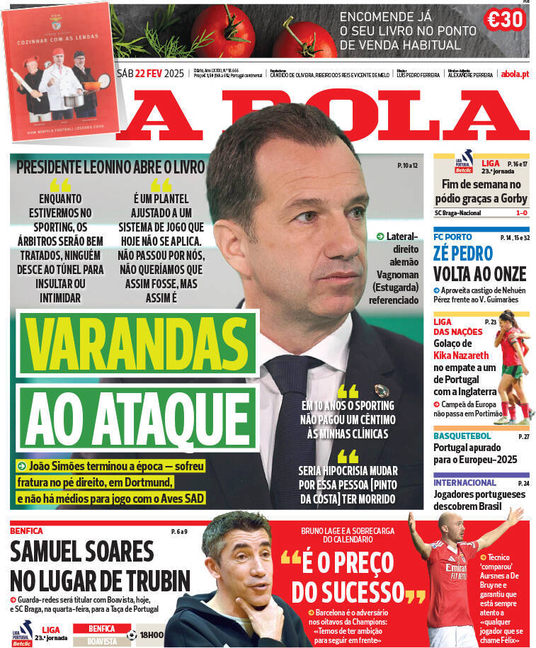 A Bola: Capa da Edi&ccedil;&atilde;o de s&aacute;bado, 22 de fevereiro 2025