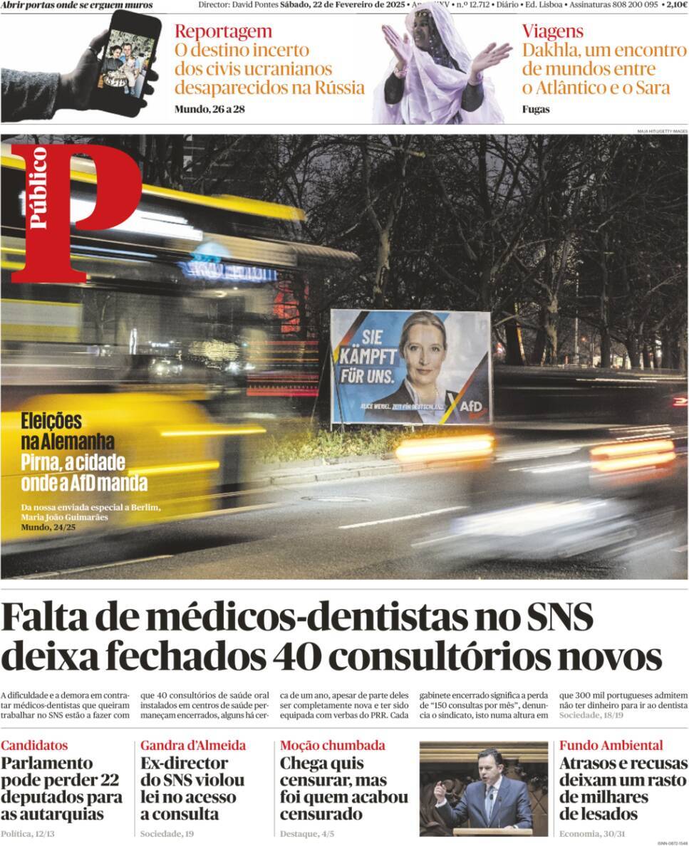 P&uacute;blico: Capa da Edi&ccedil;&atilde;o de s&aacute;bado, 22 de fevereiro 2025