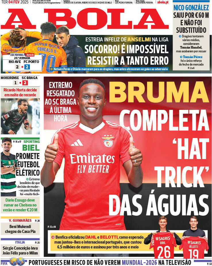 A Bola: Capa da Edi&ccedil;&atilde;o de ter&ccedil;a-feira, 04 de fevereiro 2025