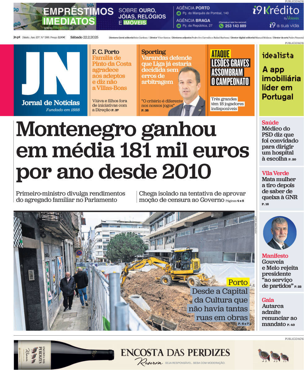 Jornal de Not&iacute;cias: Capa da Edi&ccedil;&atilde;o de s&aacute;bado, 22 de fevereiro 2025