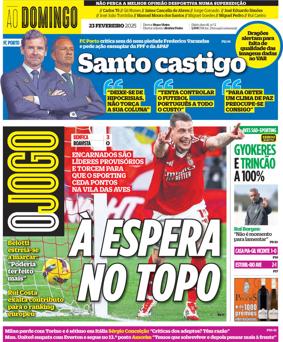 O Jogo: Capa da Edi&ccedil;&atilde;o de domingo, 23 de fevereiro 2025