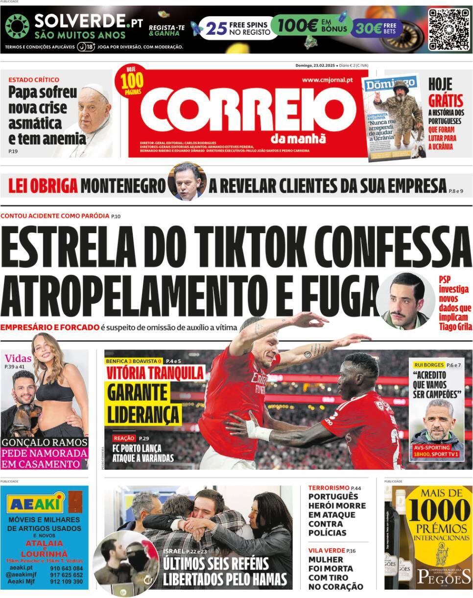 Correio da Manh&atilde;: Capa da Edi&ccedil;&atilde;o de domingo, 23 de fevereiro 2025