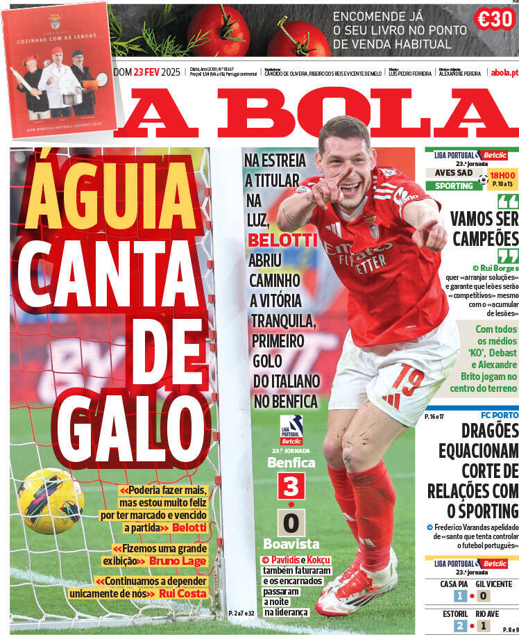 A Bola: Capa da Edi&ccedil;&atilde;o de domingo, 23 de fevereiro 2025