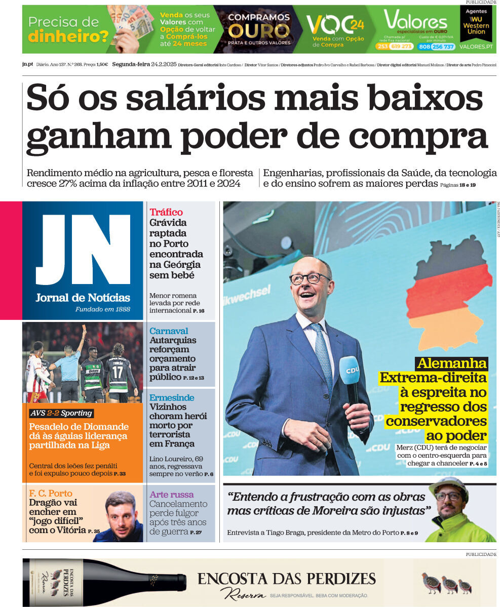 Jornal de Not&iacute;cias: Capa da Edi&ccedil;&atilde;o de segunda-feira, 24 de fevereiro 2025