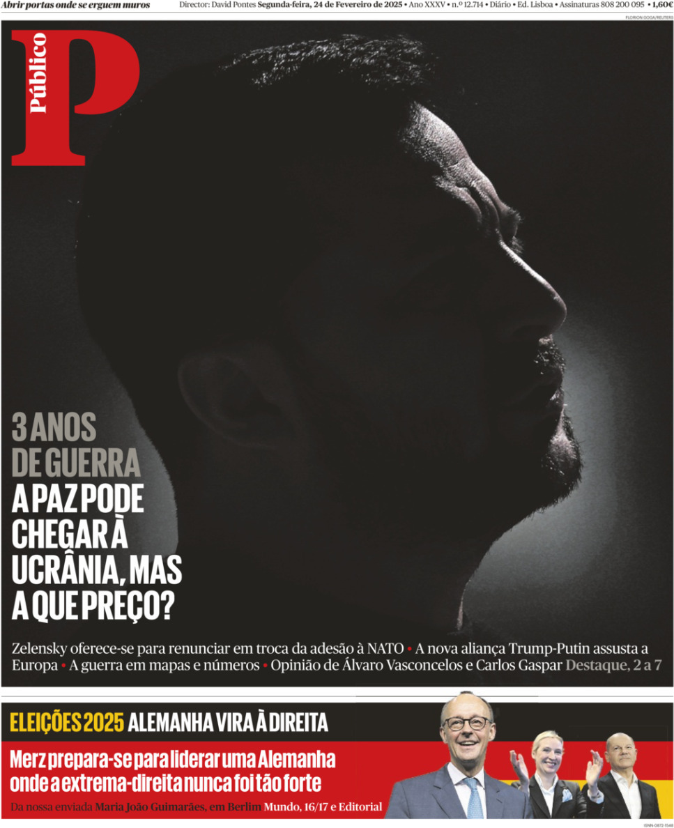 P&uacute;blico: Capa da Edi&ccedil;&atilde;o de segunda-feira, 24 de fevereiro 2025