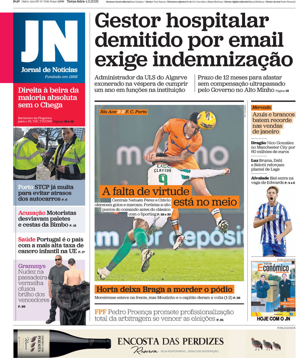 Jornal de Not&iacute;cias: Capa da Edi&ccedil;&atilde;o de ter&ccedil;a-feira, 04 de fevereiro 2025