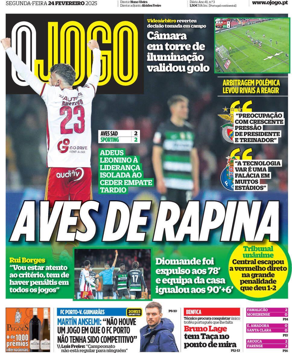 O Jogo: Capa da Edi&ccedil;&atilde;o de segunda-feira, 24 de fevereiro 2025