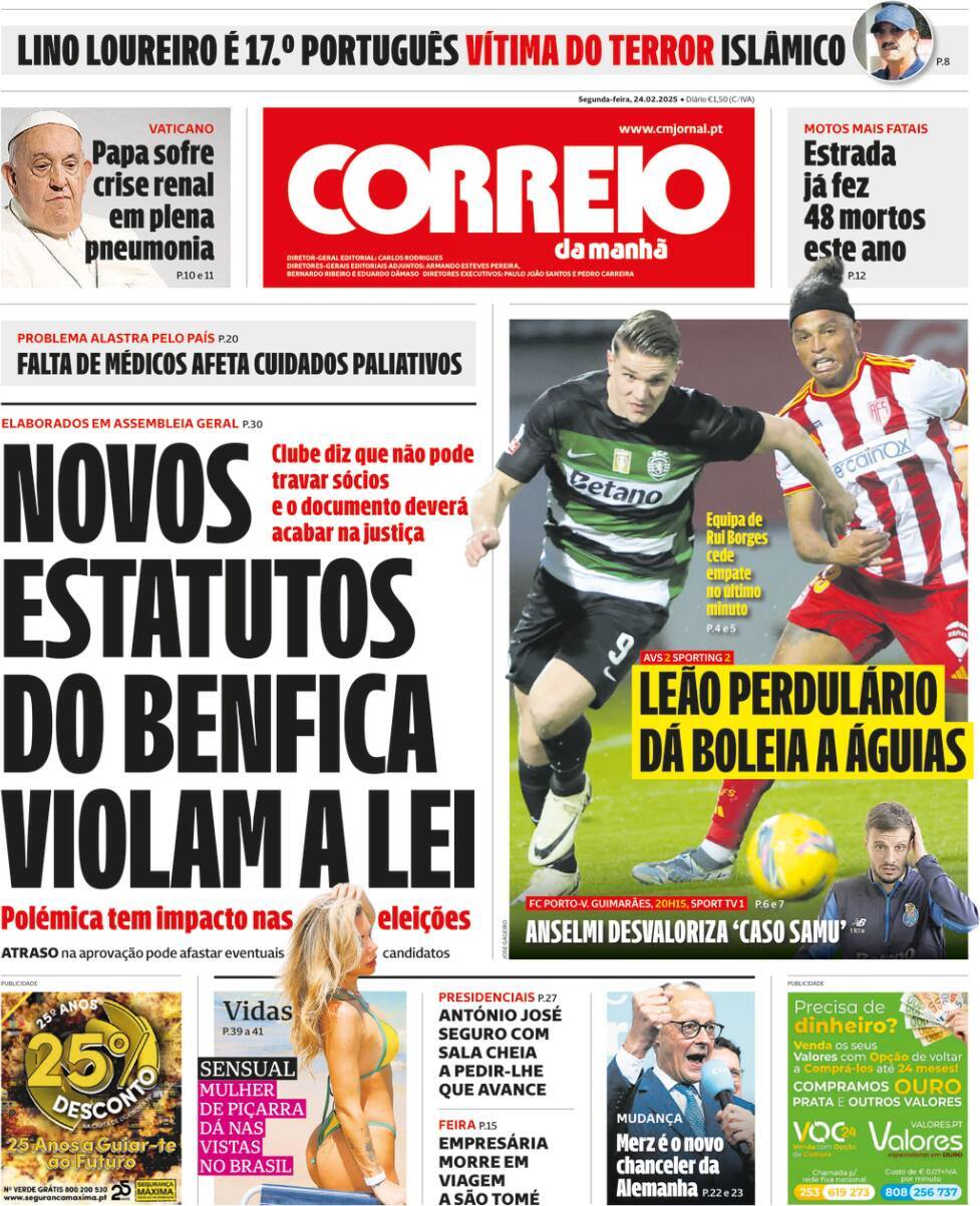 Correio da Manh&atilde;: Capa da Edi&ccedil;&atilde;o de segunda-feira, 24 de fevereiro 2025