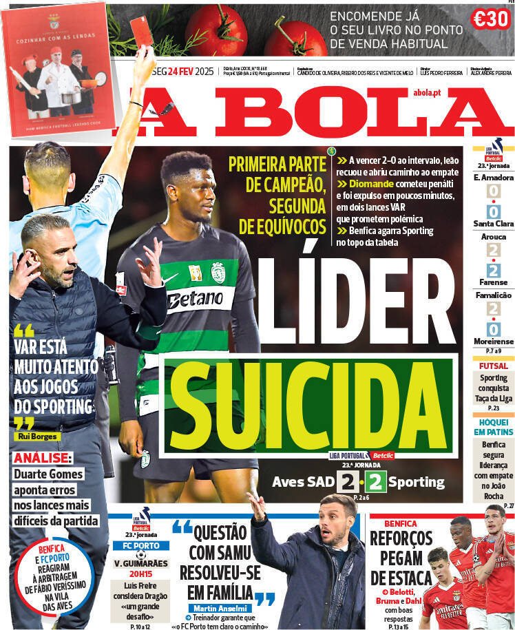 A Bola: Capa da Edi&ccedil;&atilde;o de segunda-feira, 24 de fevereiro 2025