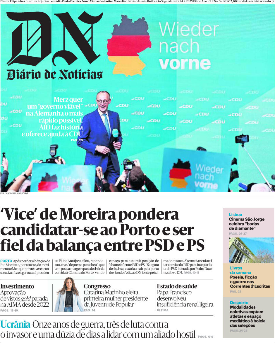 Di&aacute;rio de Not&iacute;cias: Capa da Edi&ccedil;&atilde;o de segunda-feira, 24 de fevereiro 2025