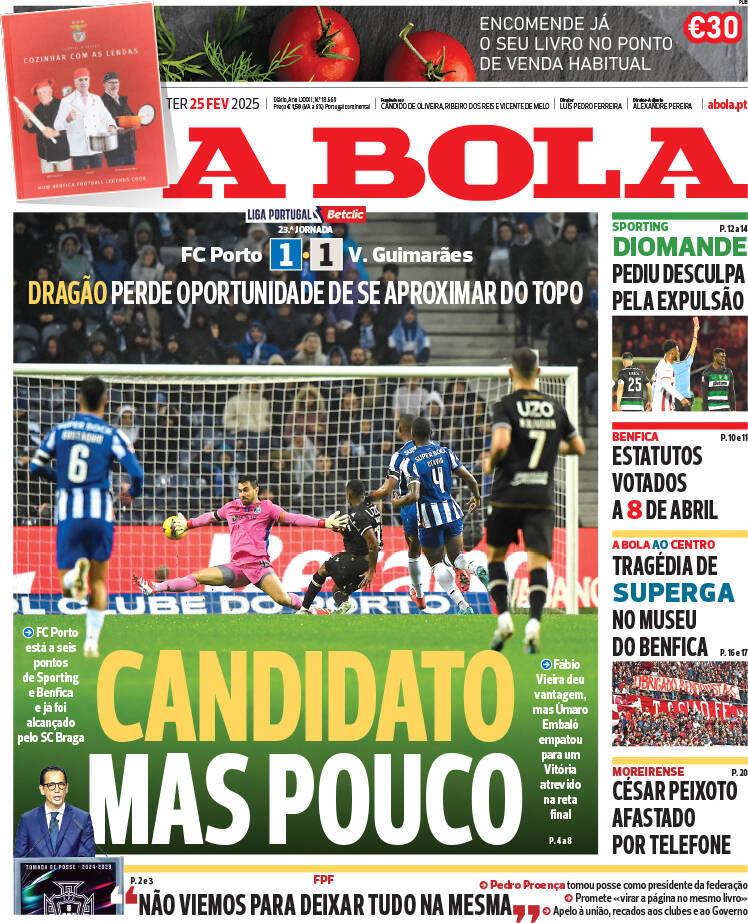 A Bola: Capa da Edi&ccedil;&atilde;o de ter&ccedil;a-feira, 25 de fevereiro 2025