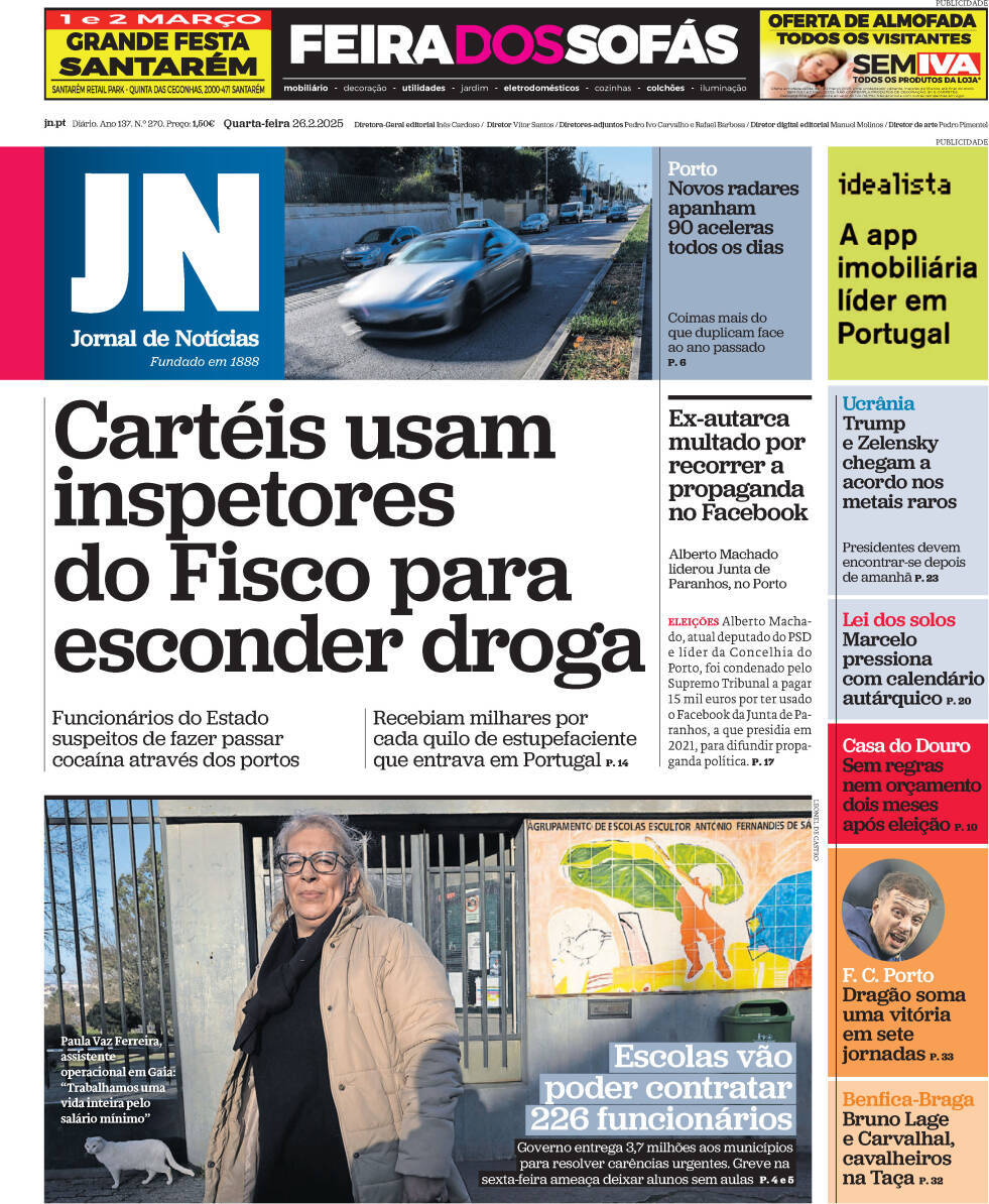 Jornal de Not&iacute;cias: Capa da Edi&ccedil;&atilde;o de quarta-feira, 26 de fevereiro 2025