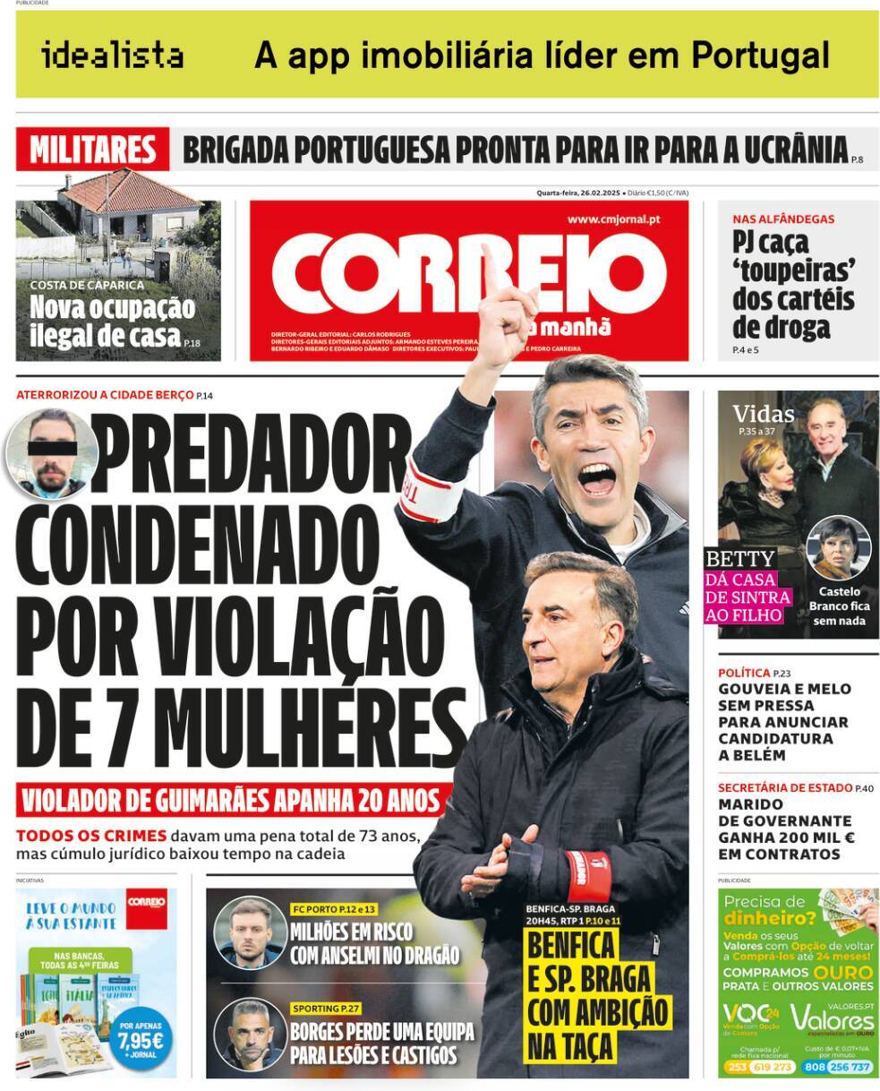 Correio da Manh&atilde;: Capa da Edi&ccedil;&atilde;o de quarta-feira, 26 de fevereiro 2025