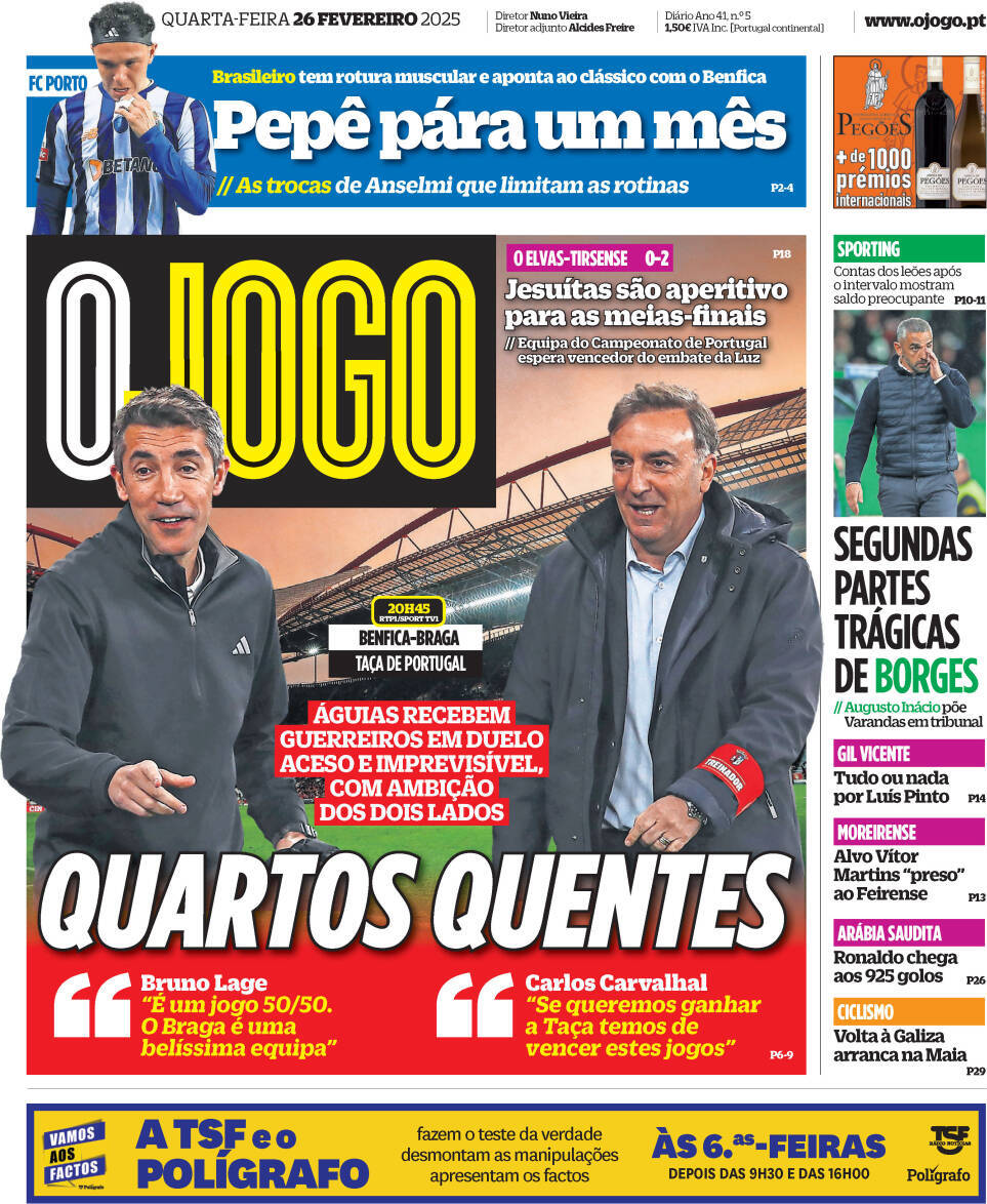 O Jogo: Capa da Edi&ccedil;&atilde;o de quarta-feira, 26 de fevereiro 2025