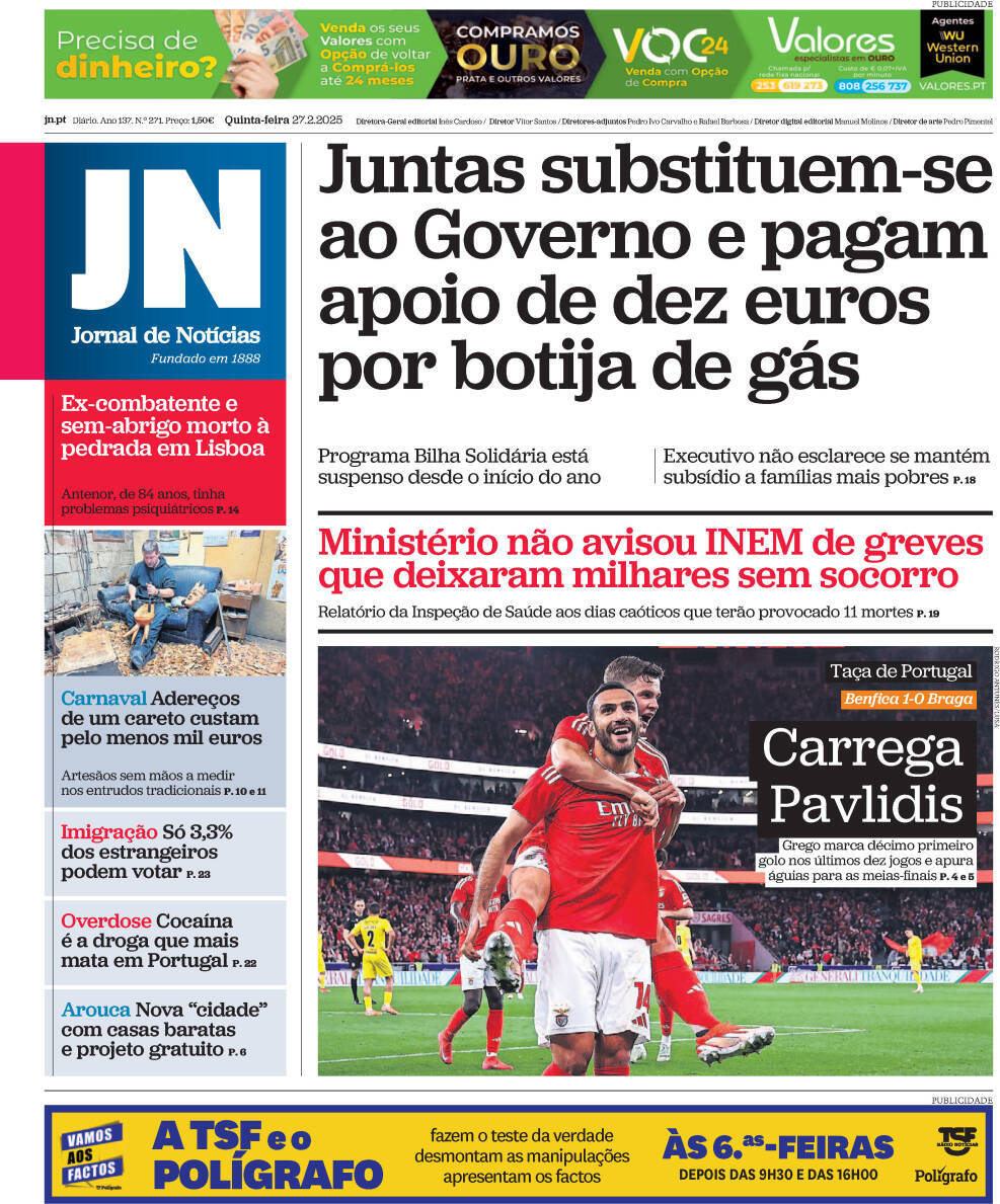 Jornal de Not&iacute;cias: Capa da Edi&ccedil;&atilde;o de quinta-feira, 27 de fevereiro 2025