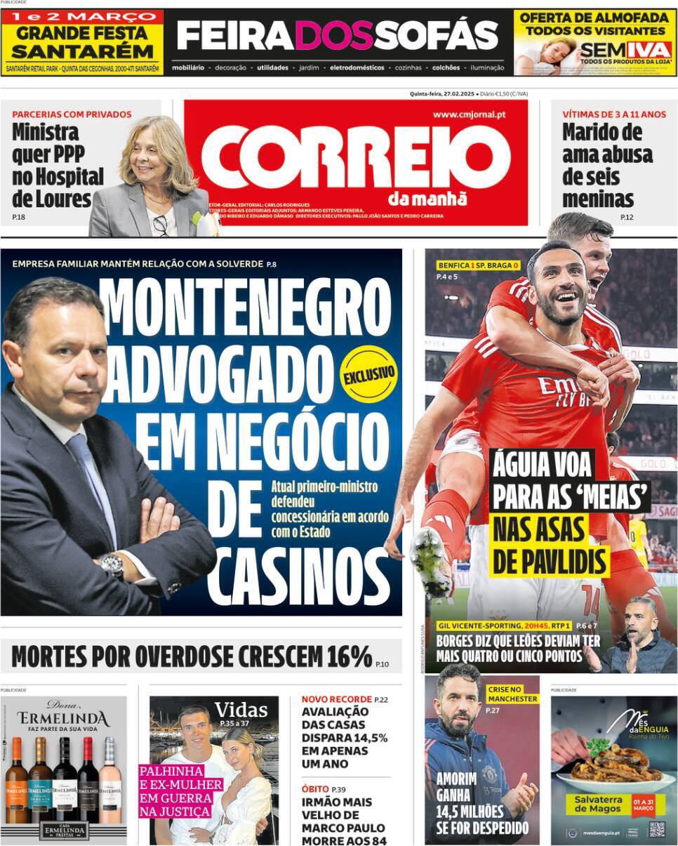 Correio da Manh&atilde;: Capa da Edi&ccedil;&atilde;o de quinta-feira, 27 de fevereiro 2025