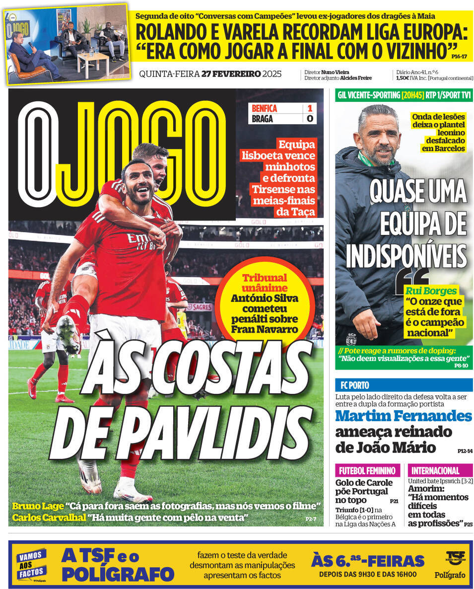 O Jogo: Capa da Edi&ccedil;&atilde;o de quinta-feira, 27 de fevereiro 2025