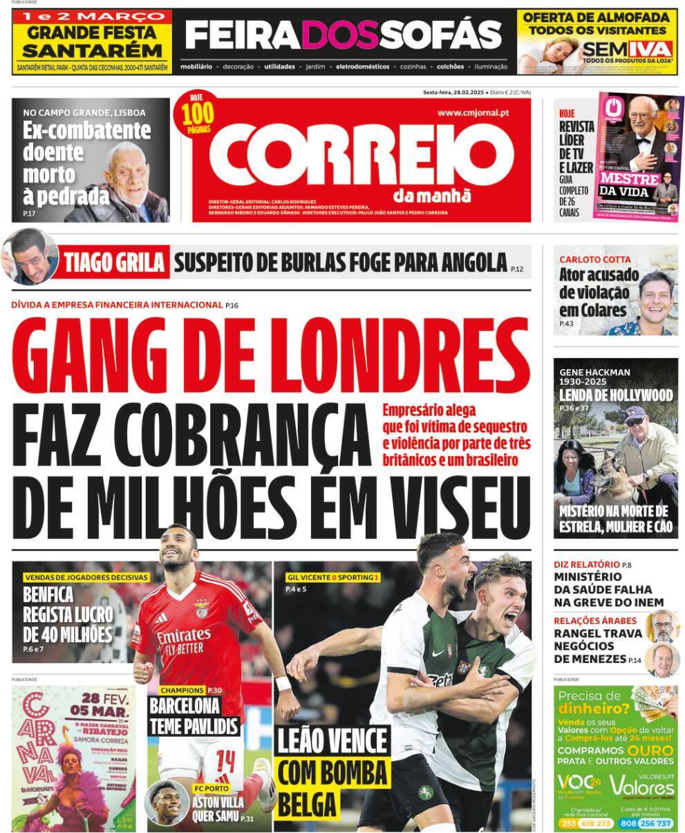 Correio da Manh&atilde;: Capa da Edi&ccedil;&atilde;o de sexta-feira, 28 de fevereiro 2025