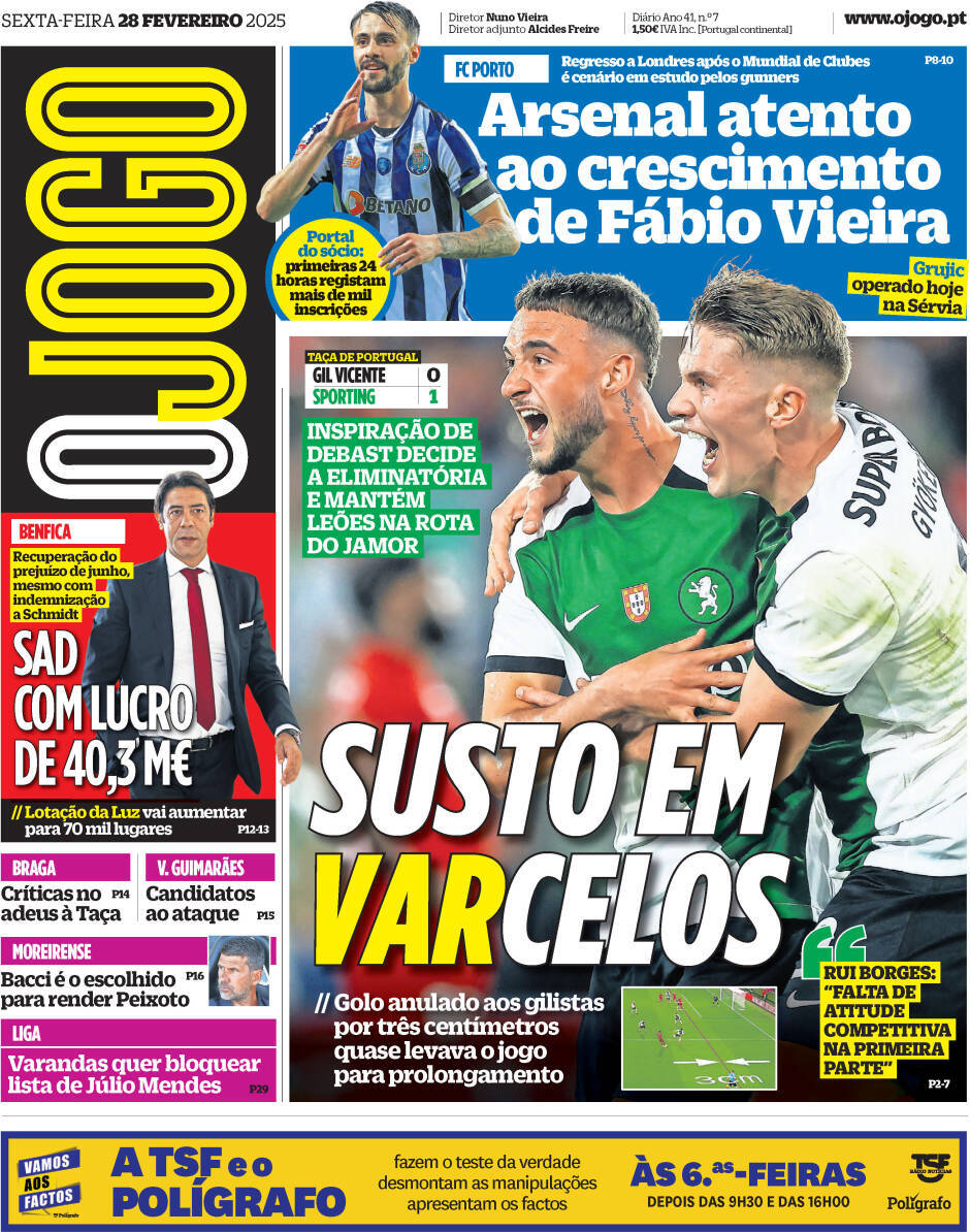 O Jogo: Capa da Edi&ccedil;&atilde;o de sexta-feira, 28 de fevereiro 2025