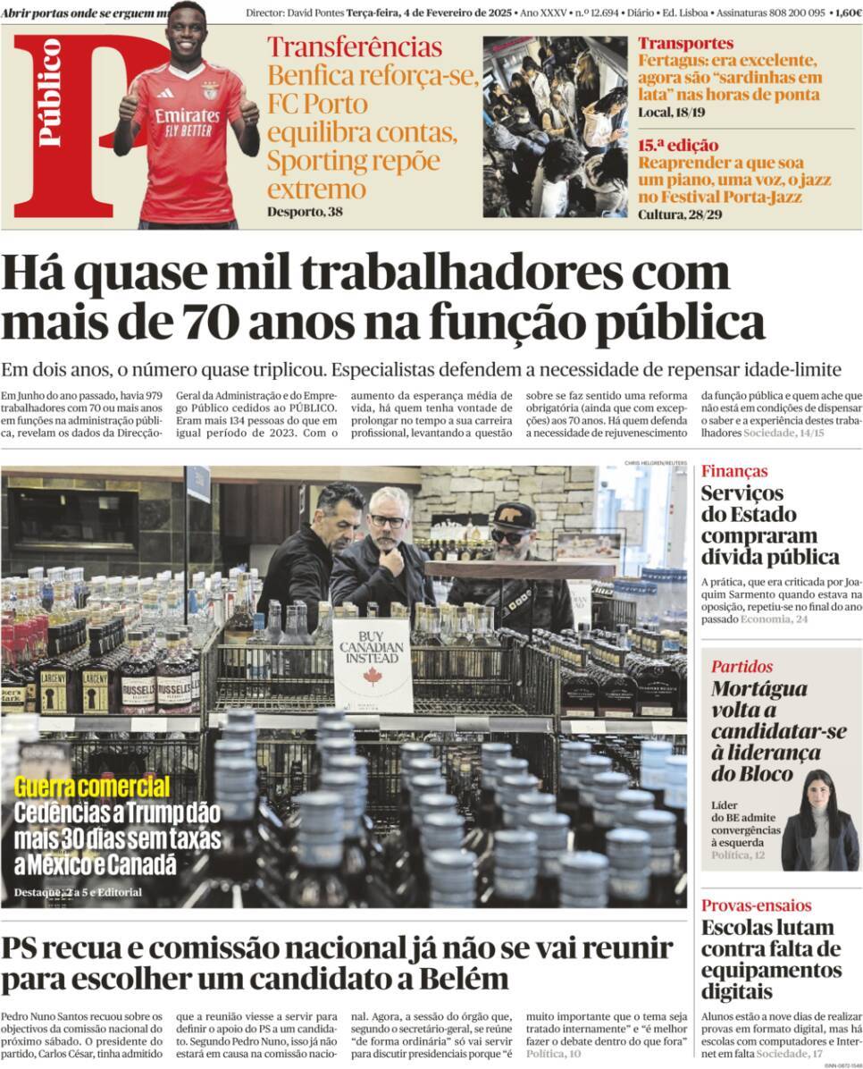 P&uacute;blico: Capa da Edi&ccedil;&atilde;o de ter&ccedil;a-feira, 04 de fevereiro 2025