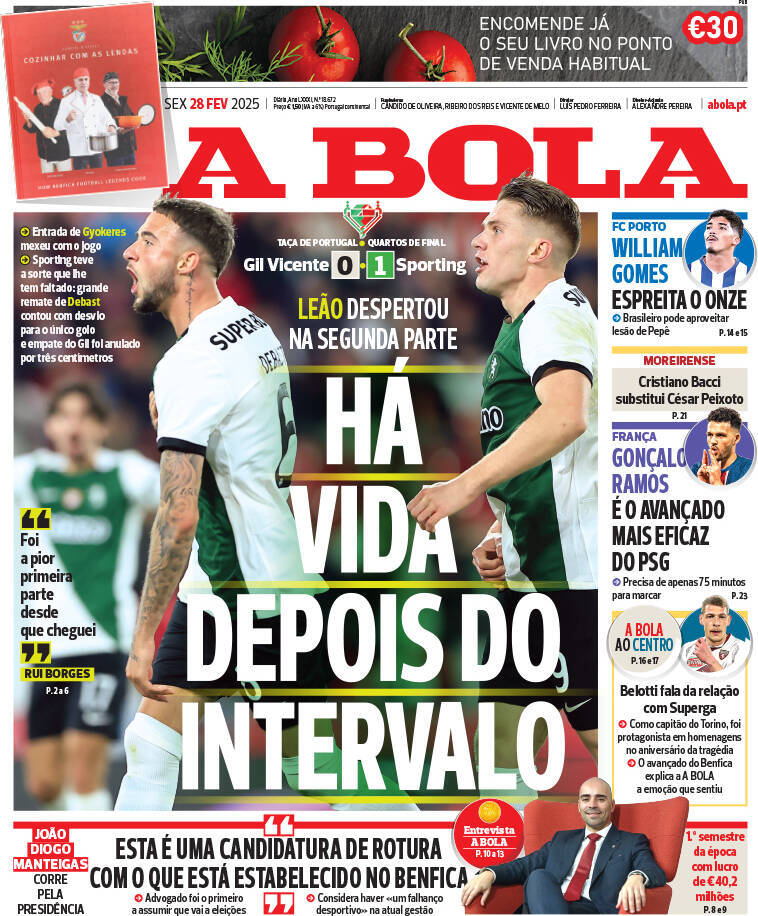 A Bola: Capa da Edi&ccedil;&atilde;o de sexta-feira, 28 de fevereiro 2025