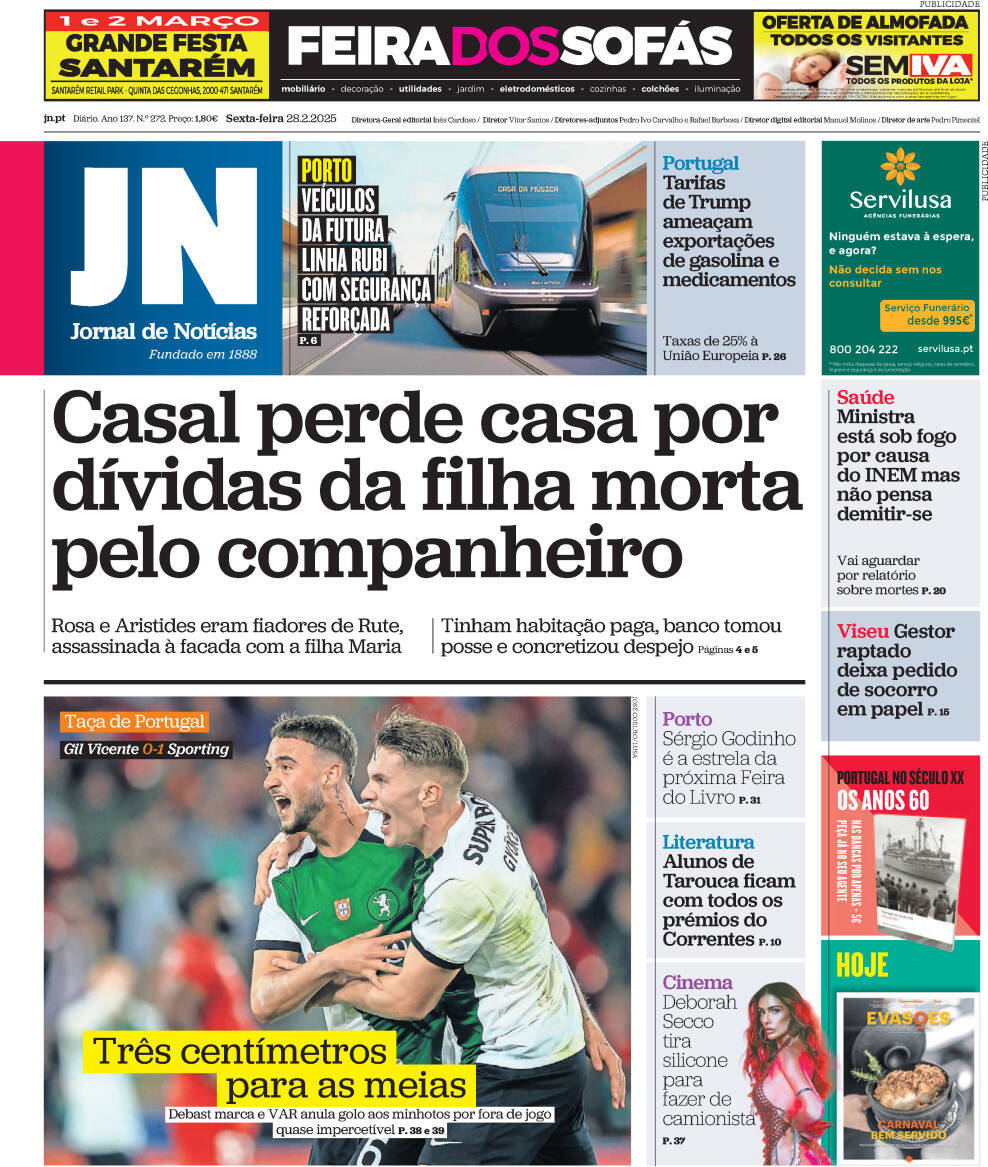Jornal de Not&iacute;cias: Capa da Edi&ccedil;&atilde;o de sexta-feira, 28 de fevereiro 2025