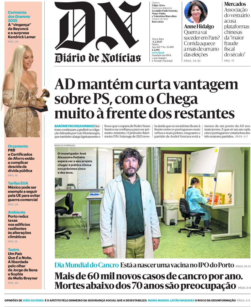 Di&aacute;rio de Not&iacute;cias: Capa da Edi&ccedil;&atilde;o de ter&ccedil;a-feira, 04 de fevereiro 2025