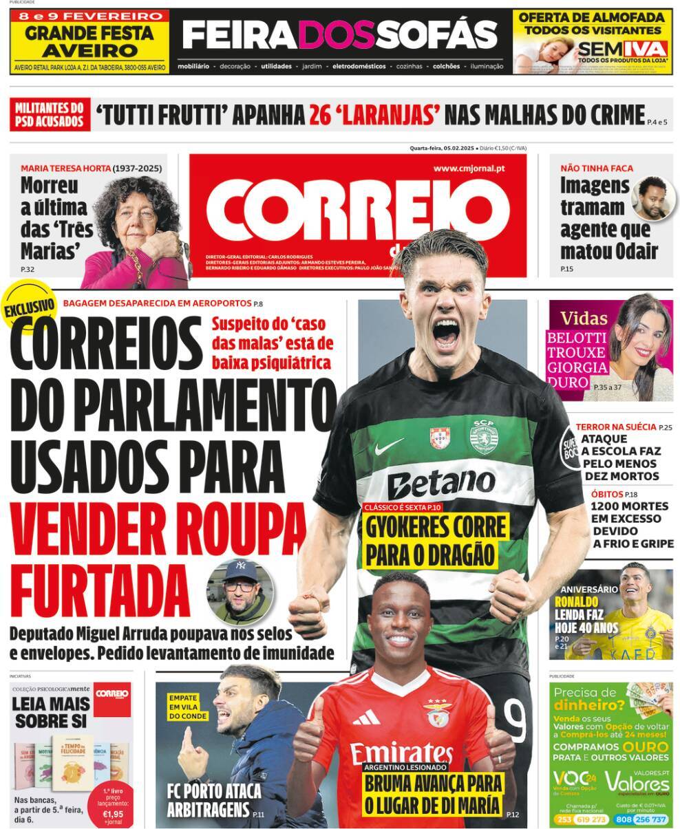 Correio da Manh&atilde;: Capa da Edi&ccedil;&atilde;o de quarta-feira, 05 de fevereiro 2025