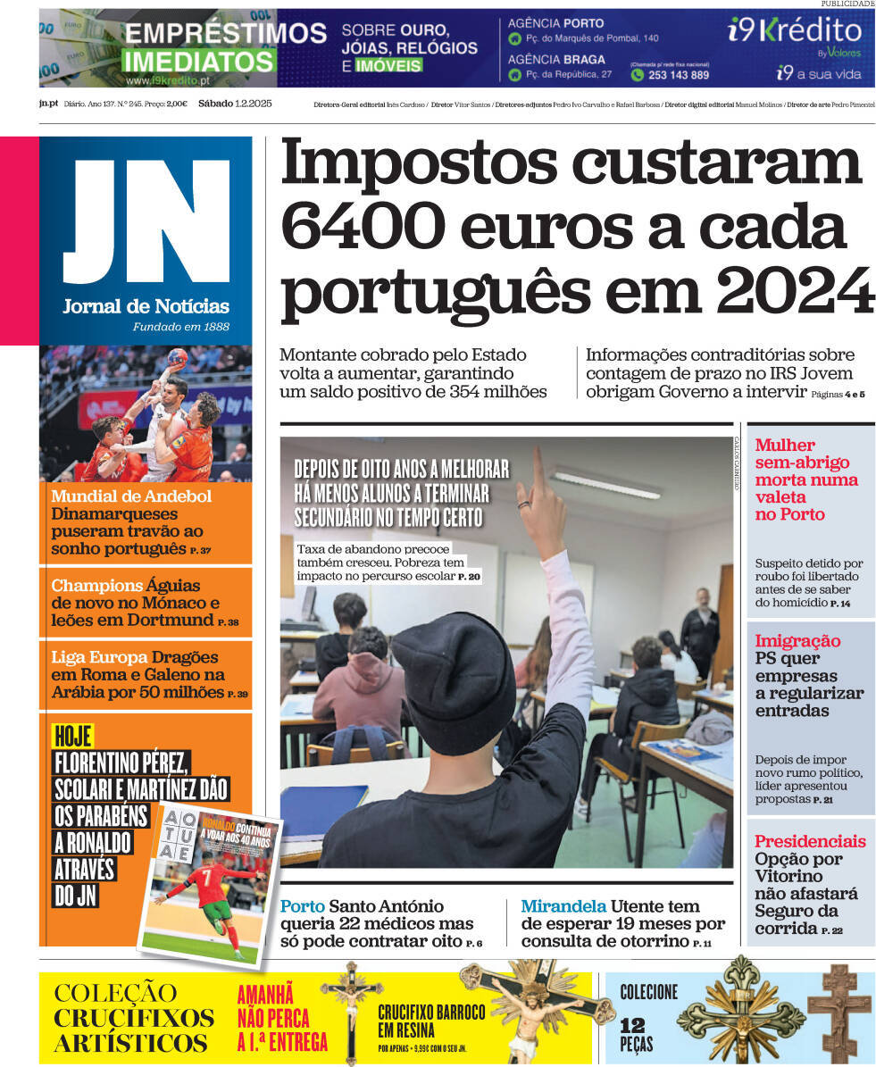 Jornal de Not&iacute;cias: Capa da Edi&ccedil;&atilde;o de s&aacute;bado, 01 de fevereiro 2025