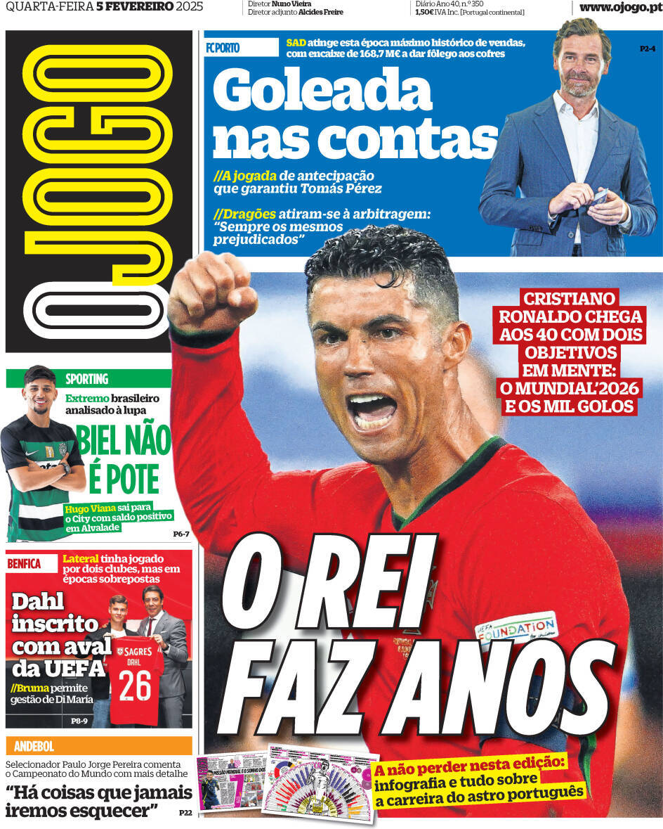 O Jogo: Capa da Edi&ccedil;&atilde;o de quarta-feira, 05 de fevereiro 2025