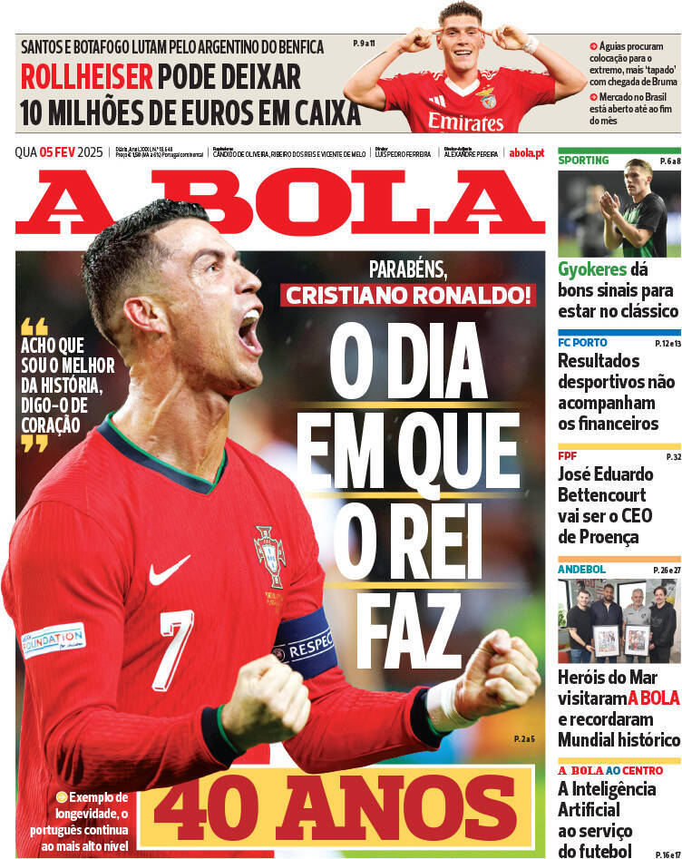 A Bola: Capa da Edi&ccedil;&atilde;o de quarta-feira, 05 de fevereiro 2025