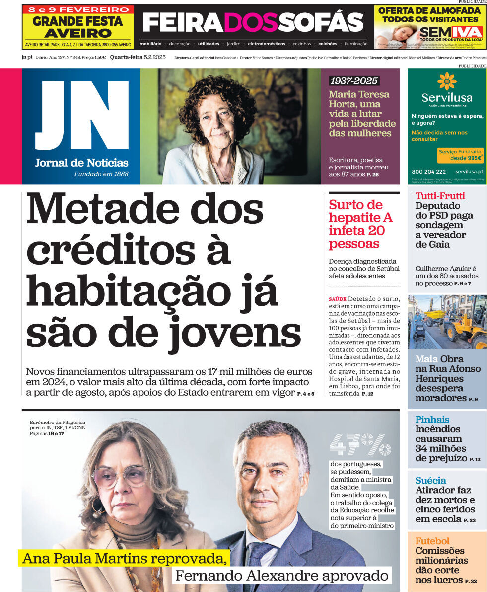 Jornal de Not&iacute;cias: Capa da Edi&ccedil;&atilde;o de quarta-feira, 05 de fevereiro 2025