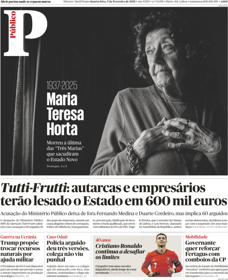 P&uacute;blico: Capa da Edi&ccedil;&atilde;o de quarta-feira, 05 de fevereiro 2025
