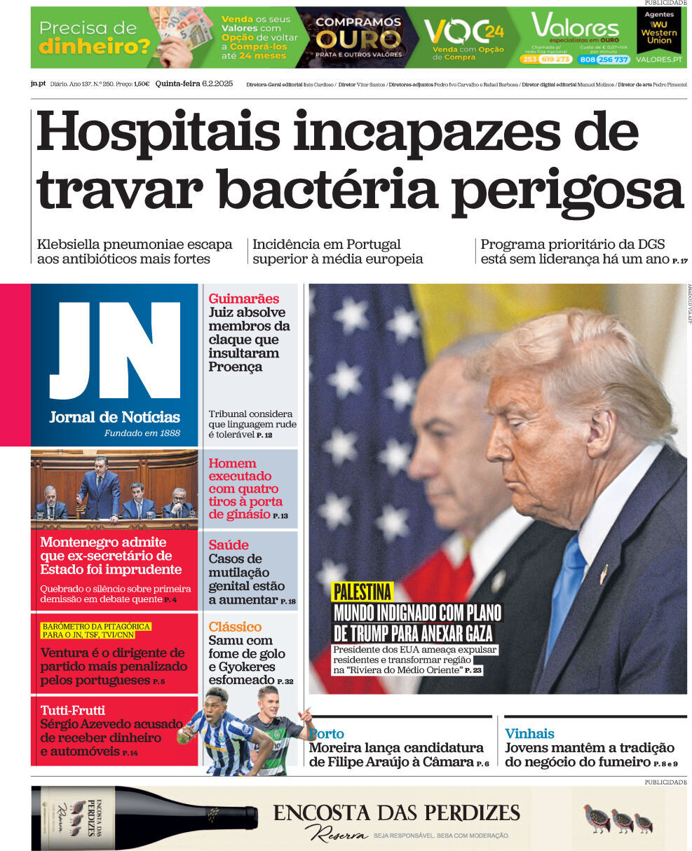 Jornal de Not&iacute;cias: Capa da Edi&ccedil;&atilde;o de quinta-feira, 06 de fevereiro 2025