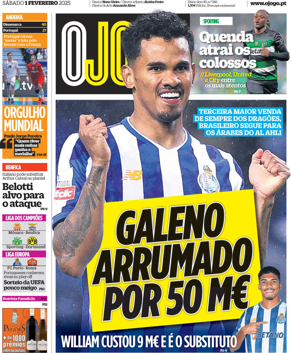 O Jogo: Capa da Edi&ccedil;&atilde;o de s&aacute;bado, 01 de fevereiro 2025