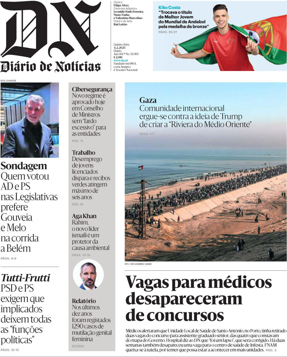 Di&aacute;rio de Not&iacute;cias: Capa da Edi&ccedil;&atilde;o de quinta-feira, 06 de fevereiro 2025