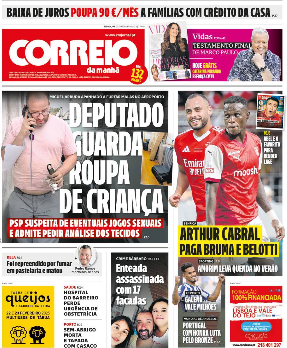 Correio da Manh&atilde;: Capa da Edi&ccedil;&atilde;o de s&aacute;bado, 01 de fevereiro 2025