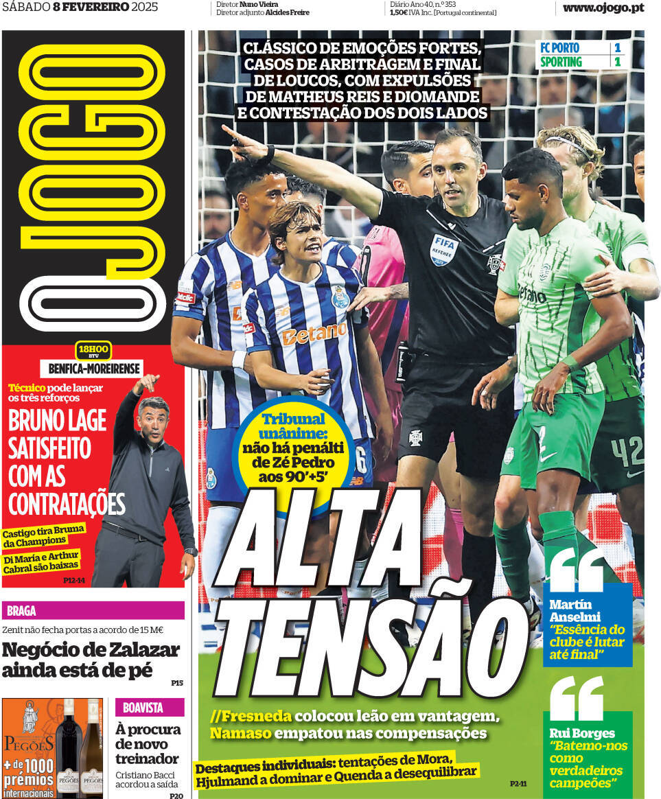 O Jogo: Capa da Edi&ccedil;&atilde;o de s&aacute;bado, 08 de fevereiro 2025