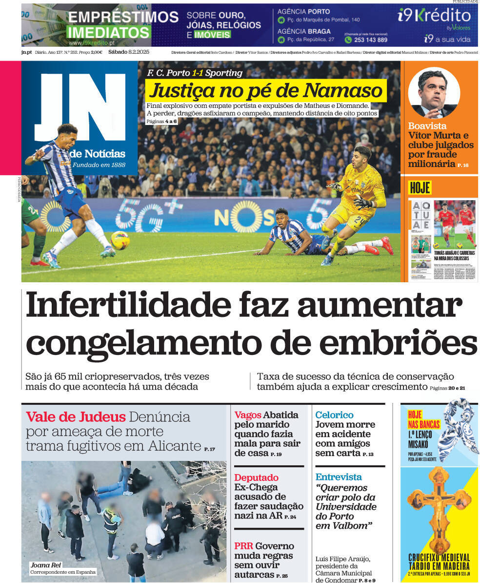 Jornal de Not&iacute;cias: Capa da Edi&ccedil;&atilde;o de s&aacute;bado, 08 de fevereiro 2025