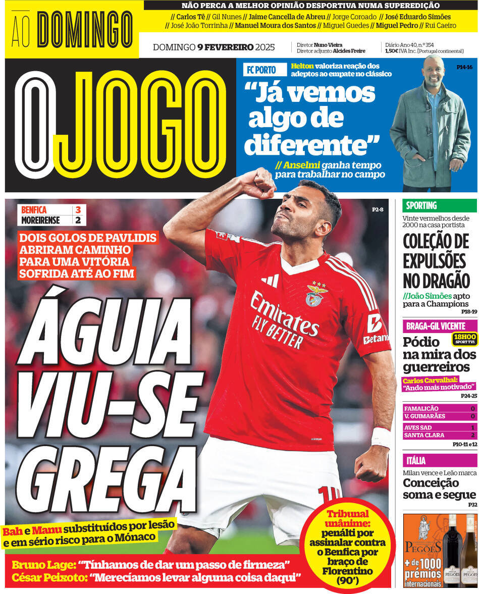 O Jogo: Capa da Edi&ccedil;&atilde;o de domingo, 09 de fevereiro 2025