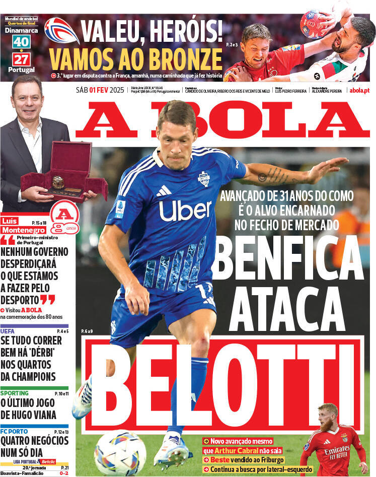 A Bola: Capa da Edi&ccedil;&atilde;o de s&aacute;bado, 01 de fevereiro 2025