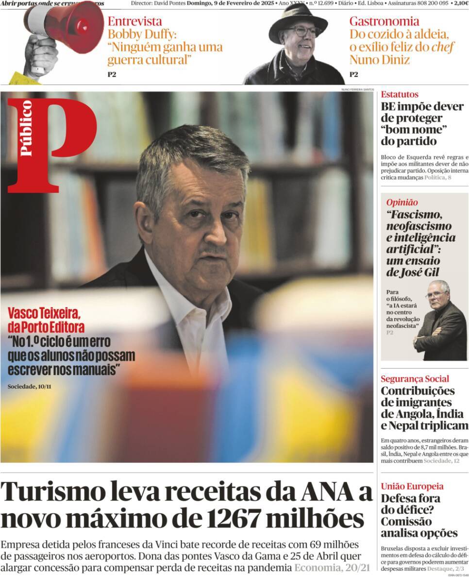 P&uacute;blico: Capa da Edi&ccedil;&atilde;o de domingo, 09 de fevereiro 2025